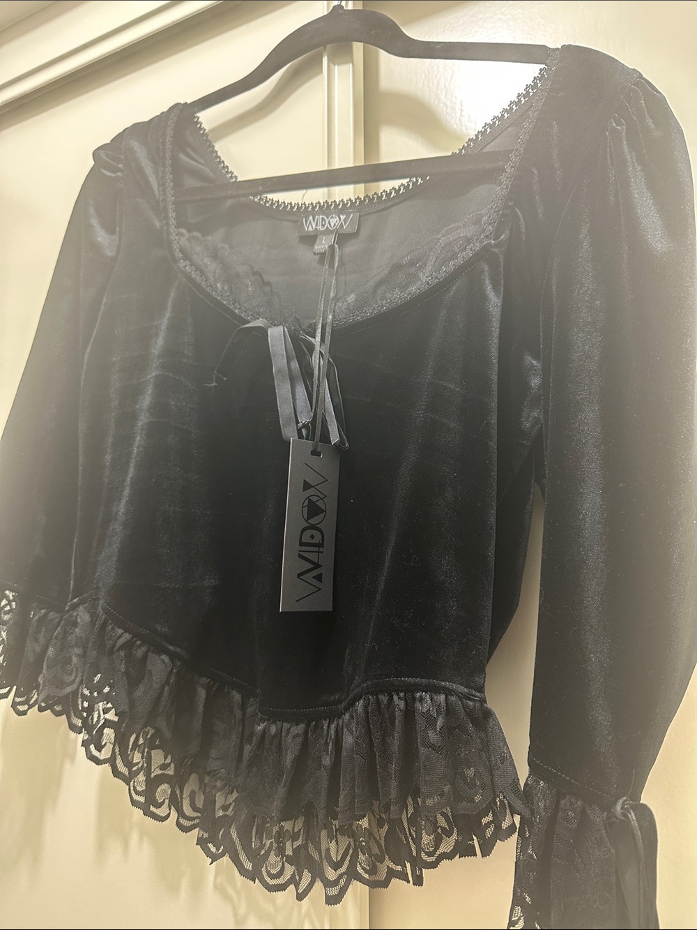 Widow Black Velvet Lace-Trim Peplum Blouse